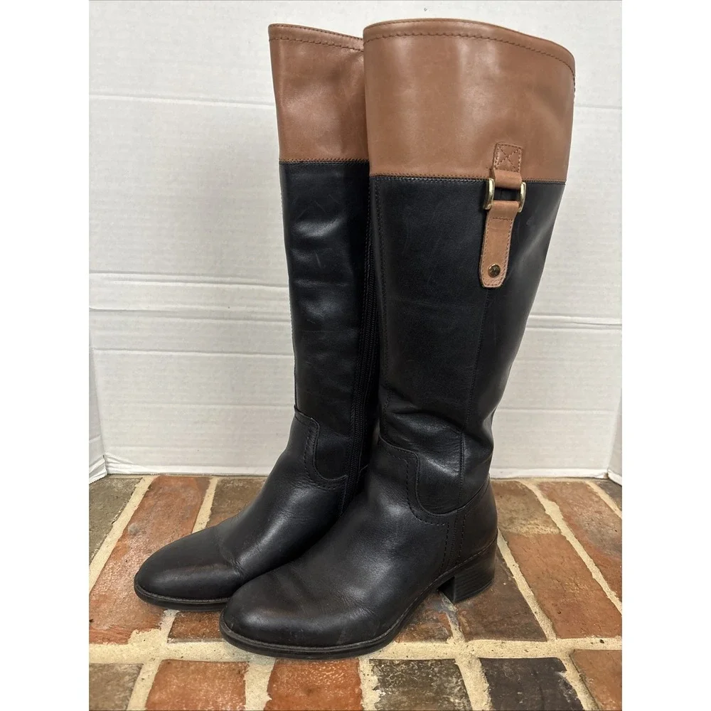 Franco Sarto Boots Women's Sz 6M Knee High Black & Brown Leather L-Lizabeth